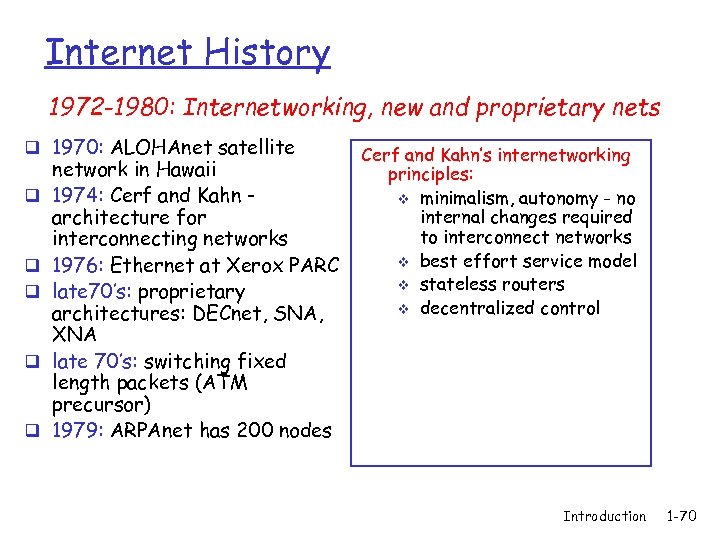 Internet History 1972 -1980: Internetworking, new and proprietary nets q 1970: ALOHAnet satellite q
