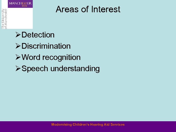 Areas of Interest Ø Detection Ø Discrimination Ø Word recognition Ø Speech understanding Modernising