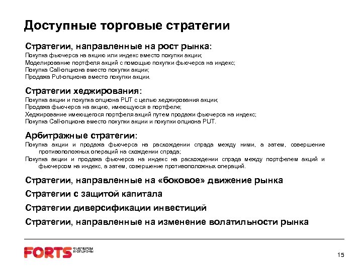 Доступные торговые стратегии Стратегии, направленные на рост рынка: Покупка фьючерса на акцию или индекс