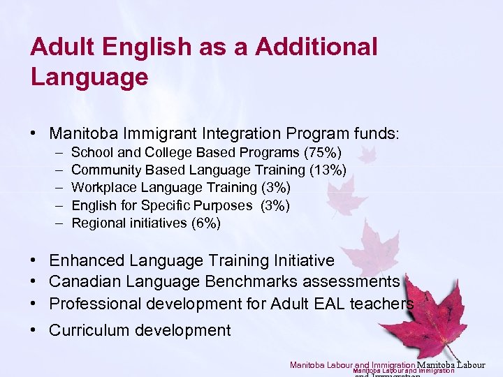 Adult English as a Additional Language • Manitoba Immigrant Integration Program funds: – –