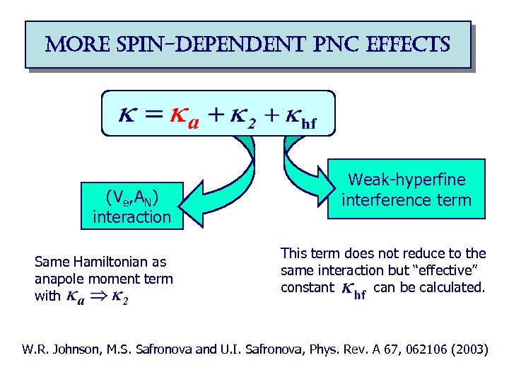 more spin-dependent pnc effects (Ve, AN) interaction Same Hamiltonian as anapole moment term with