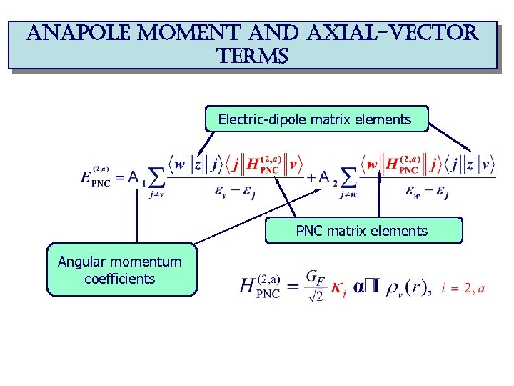 anapole moment and axial-vector terms Electric-dipole matrix elements PNC matrix elements Angular momentum coefficients