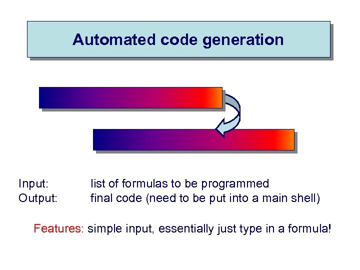 Automated code generation Input: Output: list of formulas to be programmed final code (need