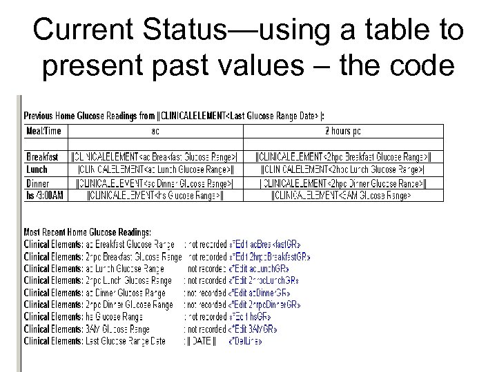 Current Status—using a table to present past values – the code 