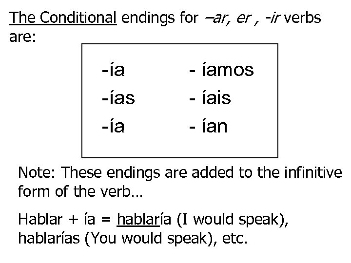 The Conditional endings for –ar, er , -ir verbs are: -ías -ía - íamos