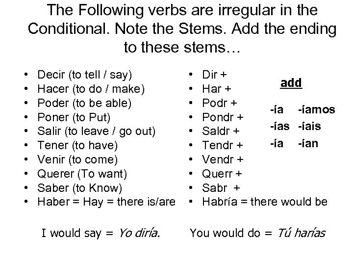 The Following verbs are irregular in the Conditional. Note the Stems. Add the ending