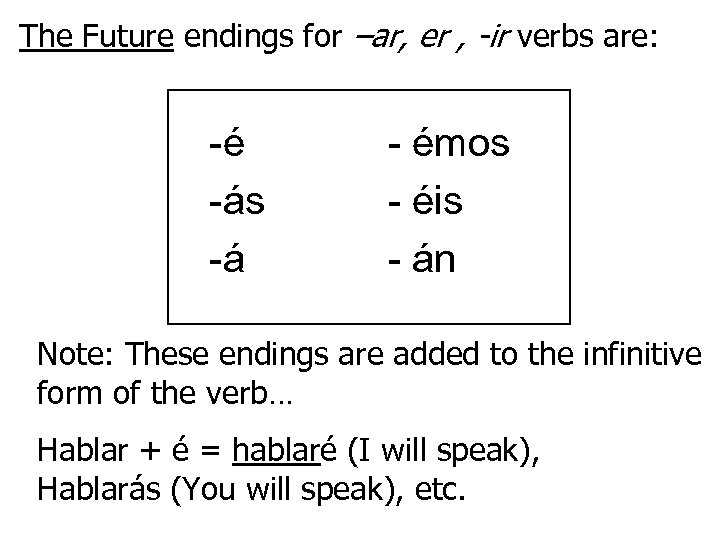 The Future endings for –ar, er , -ir verbs are: -é -ás -á -