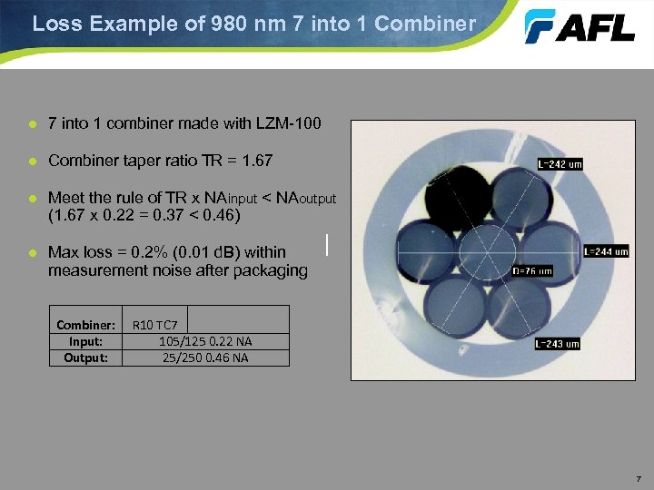 Loss Example of 980 nm 7 into 1 Combiner ● 7 into 1 combiner