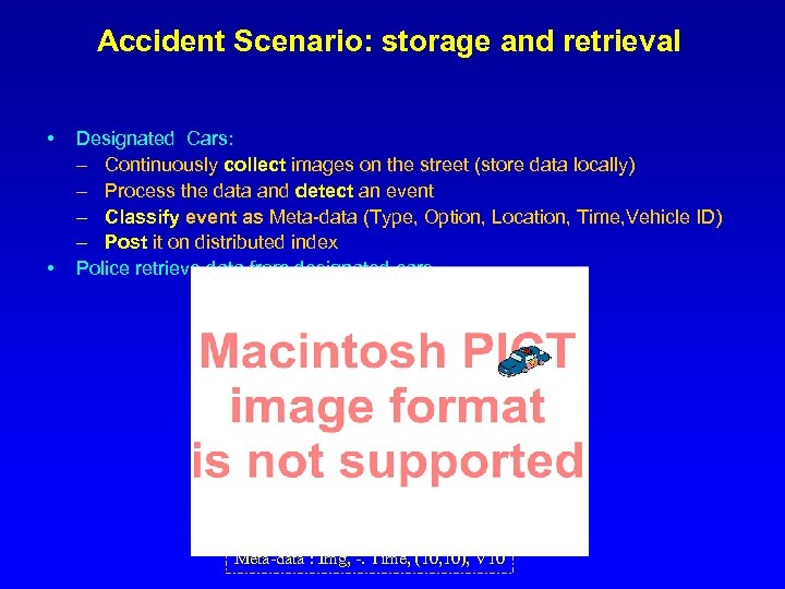 Accident Scenario: storage and retrieval • • Designated Cars: – Continuously collect images on