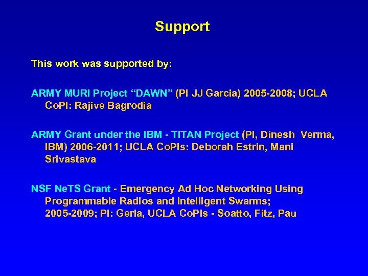 Support This work was supported by: ARMY MURI Project “DAWN” (PI JJ Garcia) 2005