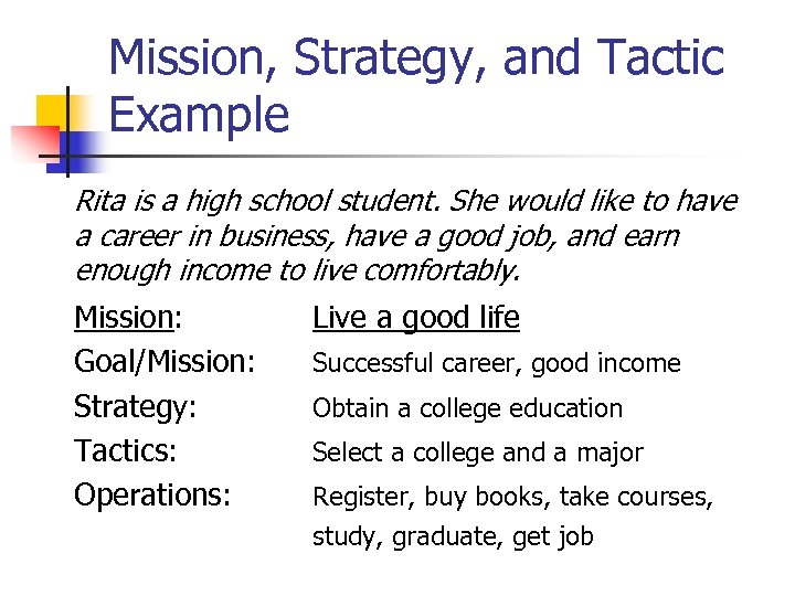 Mission, Strategy, and Tactic Example Rita is a high school student. She would like