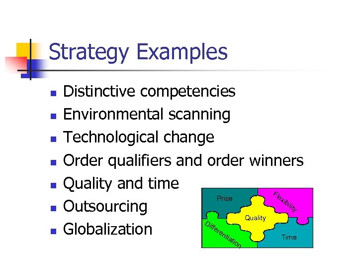 Strategy Examples n n n n Distinctive competencies Environmental scanning Technological change Order qualifiers