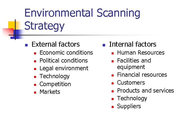 Environmental Scanning Strategy n External factors n n n Economic conditions Political conditions Legal