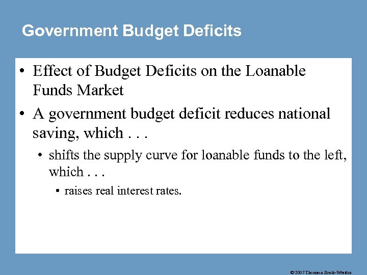 Government Budget Deficits • Effect of Budget Deficits on the Loanable Funds Market •