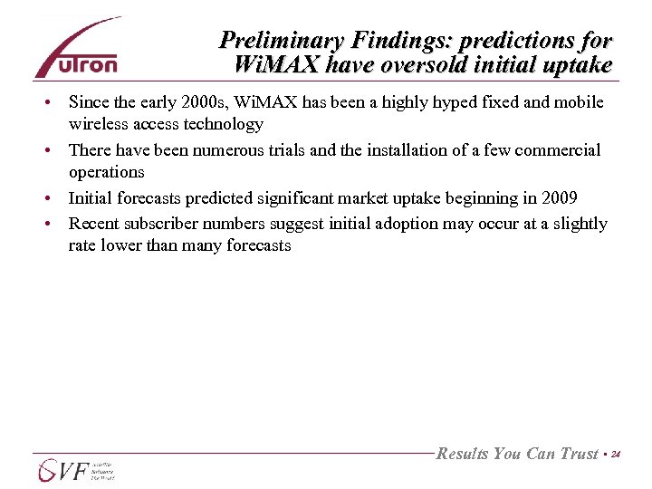 Preliminary Findings: predictions for Wi. MAX have oversold initial uptake • Since the early