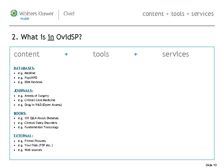 content + tools + services 2. What is in Ovid. SP? content + tools