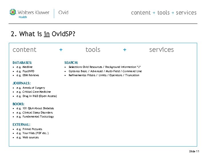 content + tools + services 2. What is in Ovid. SP? content + tools