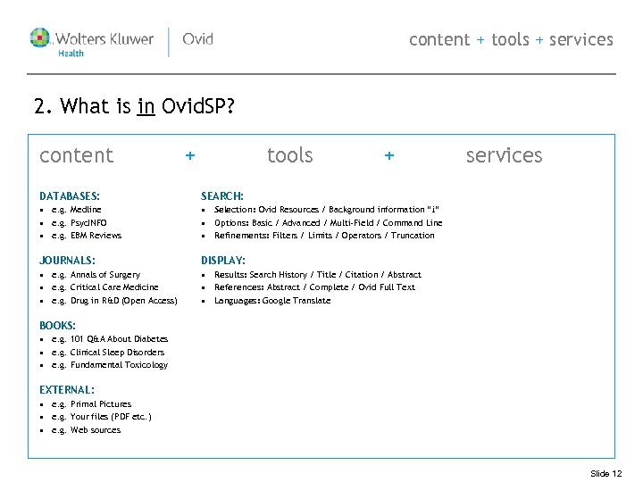 content + tools + services 2. What is in Ovid. SP? content + tools