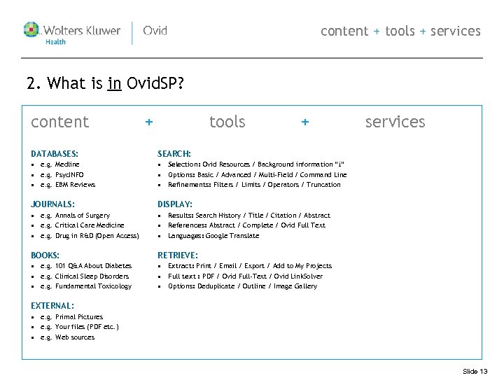 content + tools + services 2. What is in Ovid. SP? content + tools