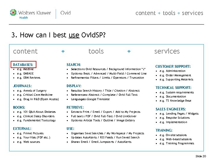 content + tools + services 3. How can I best use Ovid. SP? content