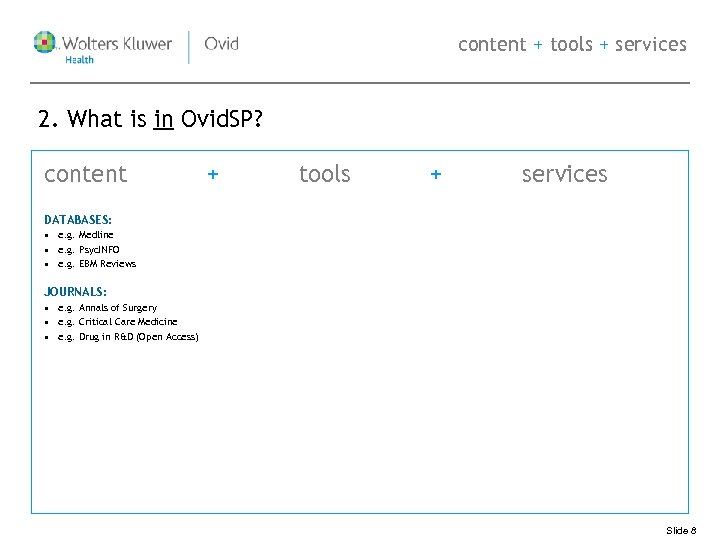 content + tools + services 2. What is in Ovid. SP? content + tools
