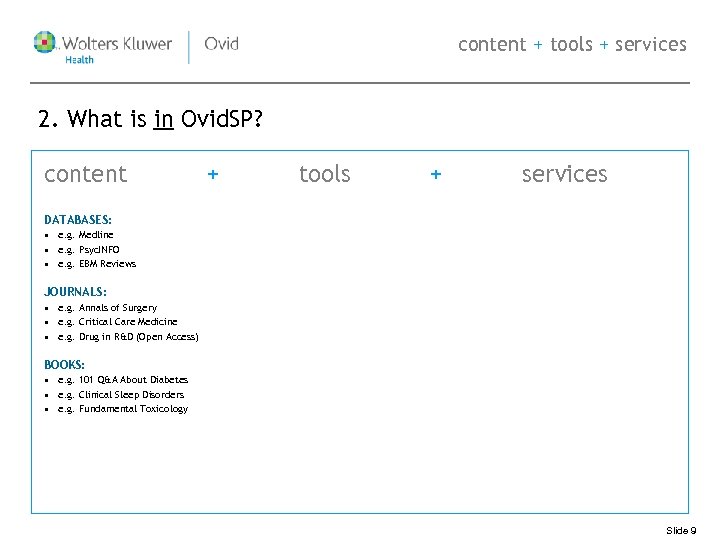 content + tools + services 2. What is in Ovid. SP? content + tools