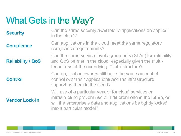 Security Can the same security available to applications be applied in the cloud? Compliance