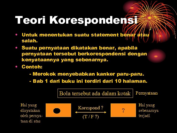Teori Korespondensi • Untuk menentukan suatu statement benar atau salah. • Suatu pernyataan dikatakan