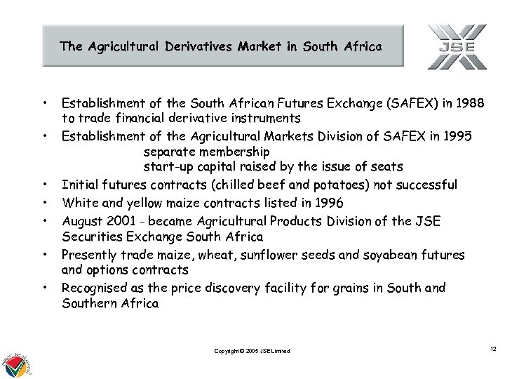 The Agricultural Derivatives Market in South Africa • • Establishment of the South African