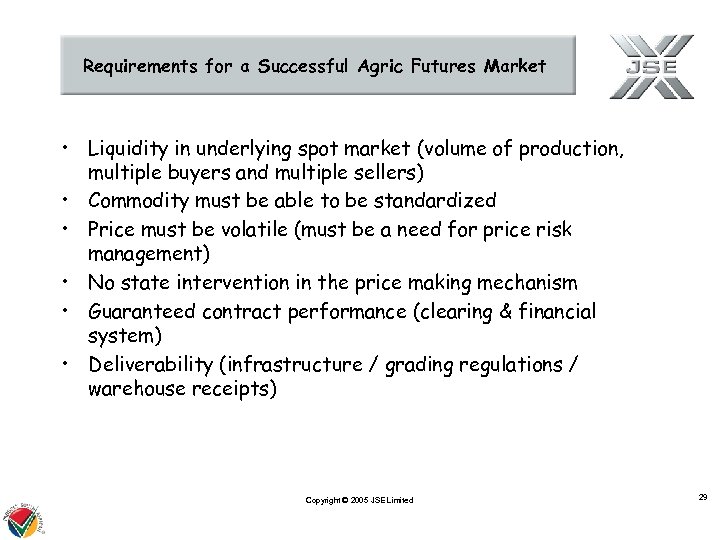 Requirements for a Successful Agric Futures Market • Liquidity in underlying spot market (volume