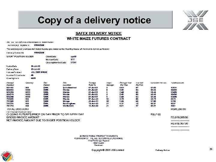 Copy of a delivery notice Copyright © 2005 JSE Limited 39 