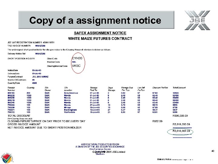 Copy of a assignment notice Copyright © 2005 JSE Limited 40 