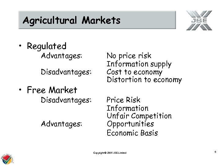 Agricultural Markets • Regulated Advantages: Disadvantages: • Free Market Disadvantages: Advantages: No price risk