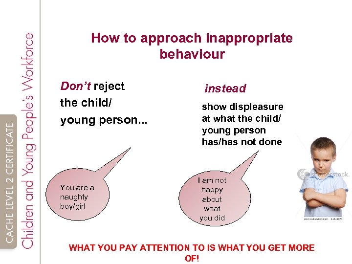 How to approach inappropriate behaviour Don’t reject the child/ young person. . . You