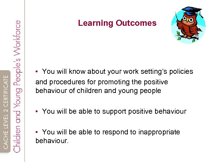 Learning Outcomes • You will know about your work setting’s policies and procedures for