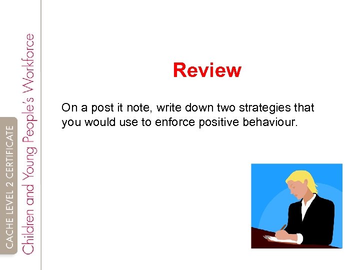 Review On a post it note, write down two strategies that you would use