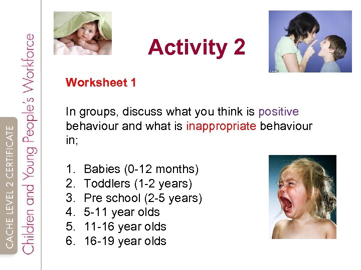 Activity 2 Worksheet 1 In groups, discuss what you think is positive behaviour and