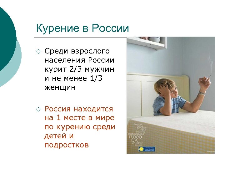 Курение в России ¡ Среди взрослого населения России курит 2/3 мужчин и не менее