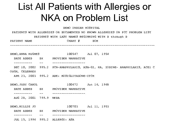 List All Patients with Allergies or NKA on Problem List DEMO INDIAN HOSPITAL PATIENTS