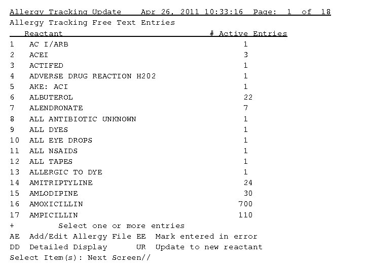 Allergy Tracking Update Apr 26, 2011 10: 33: 16 Page: 1 of 18 Allergy