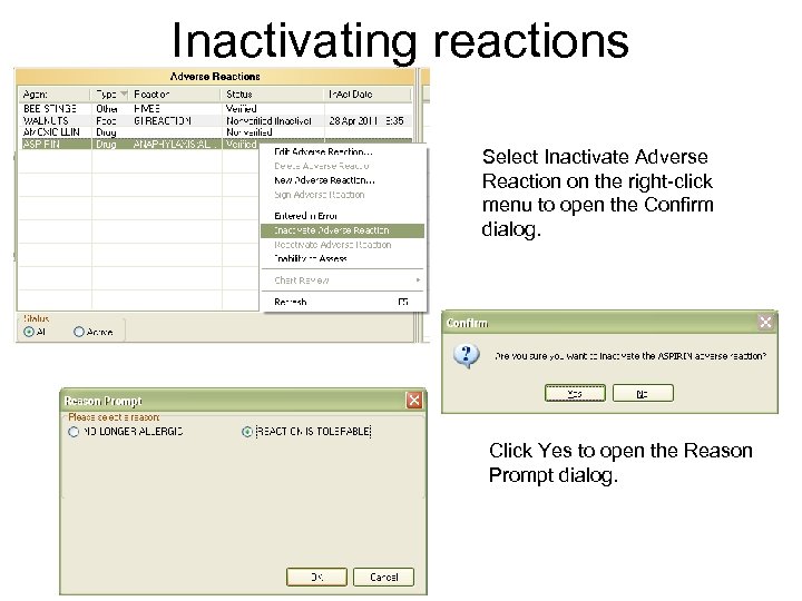Inactivating reactions Select Inactivate Adverse Reaction on the right-click menu to open the Confirm