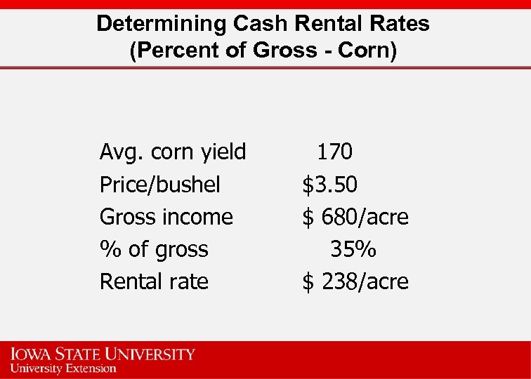 Determining Cash Rental Rates (Percent of Gross - Corn) Avg. corn yield Price/bushel Gross