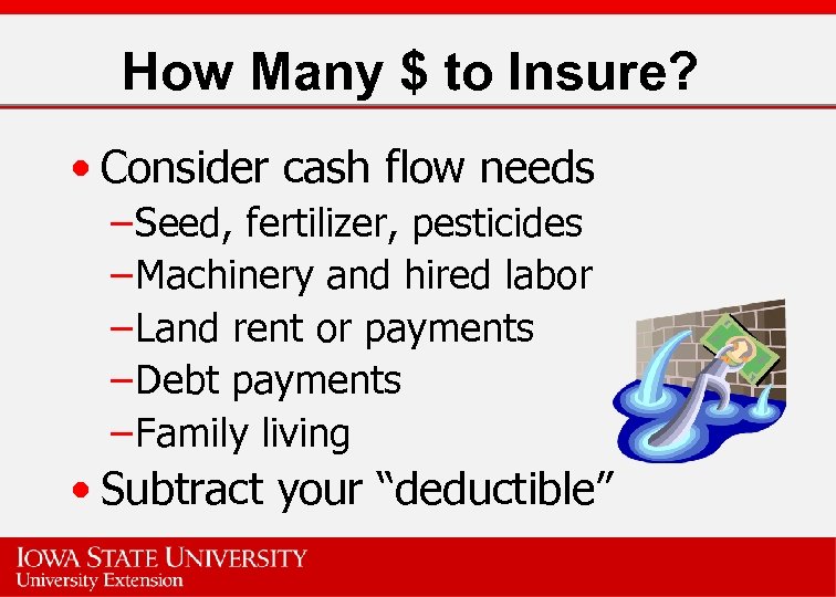 How Many $ to Insure? • Consider cash flow needs – Seed, fertilizer, pesticides