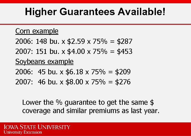 Higher Guarantees Available! Corn example 2006: 148 bu. x $2. 59 x 75% =
