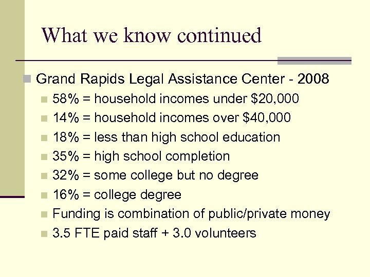 What we know continued n Grand Rapids Legal Assistance Center - 2008 n 58%