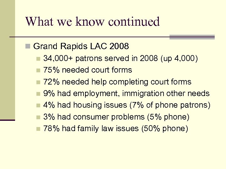 What we know continued n Grand Rapids LAC 2008 n 34, 000+ patrons served