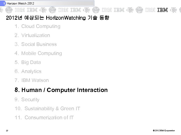 1 Horizon Watch 2012년 예상되는 Horizon. Watching 기술 동향 1. Cloud Computing 2. Virtualization