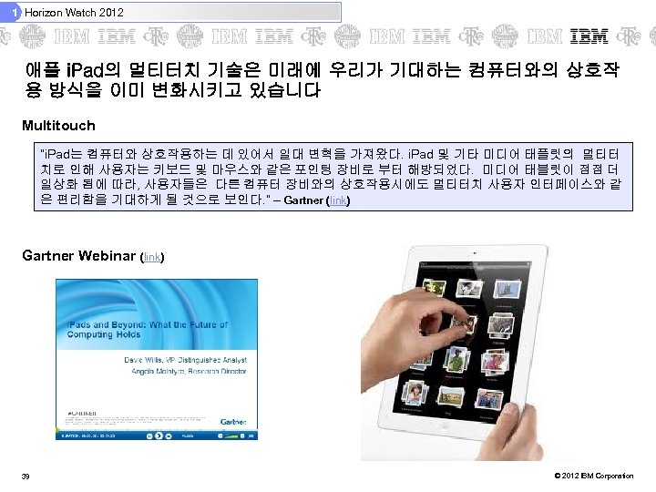 1 Horizon Watch 2012 애플 i. Pad의 멀티터치 기술은 미래에 우리가 기대하는 컴퓨터와의 상호작