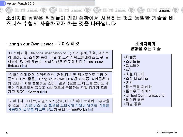 1 Horizon Watch 2012 소비자화 동향은 직원들이 개인 생황에서 사용하는 것과 동일한 기술을 비