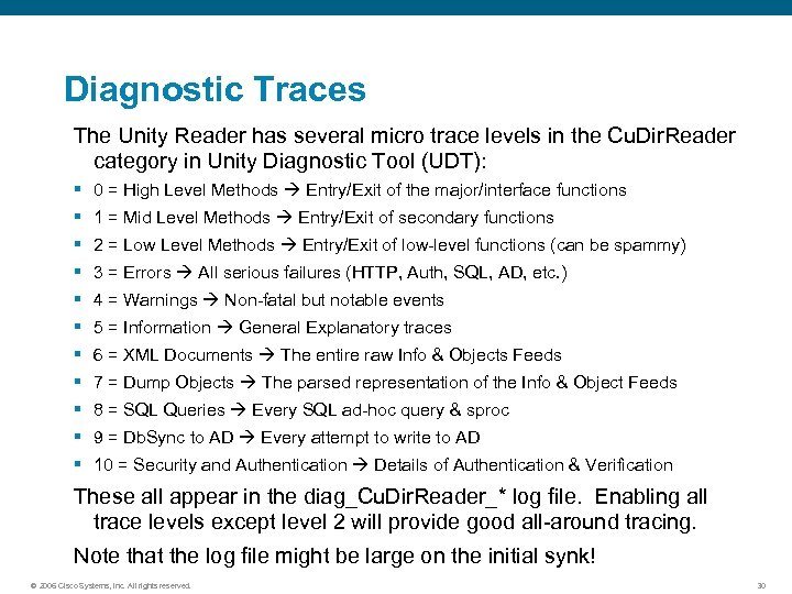 Diagnostic Traces The Unity Reader has several micro trace levels in the Cu. Dir.